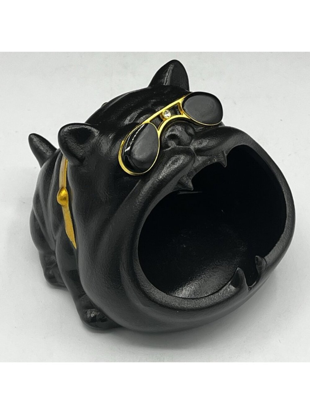 Bulldog Ashtray Black Ceramic Dog Sunglasses with Rhinestone Gold Accents Pittie